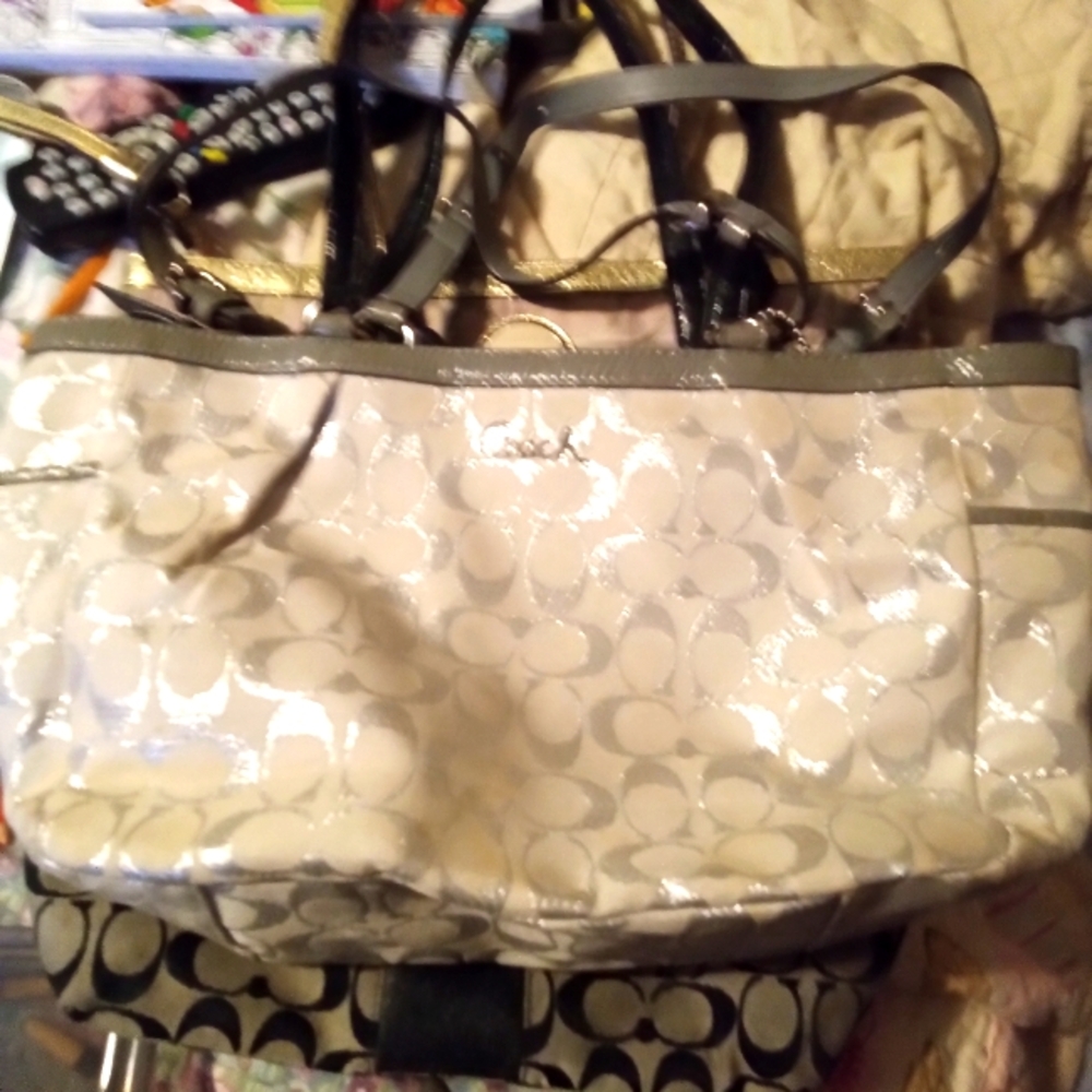 Coach White And Silver Tote Bag with Signature Design